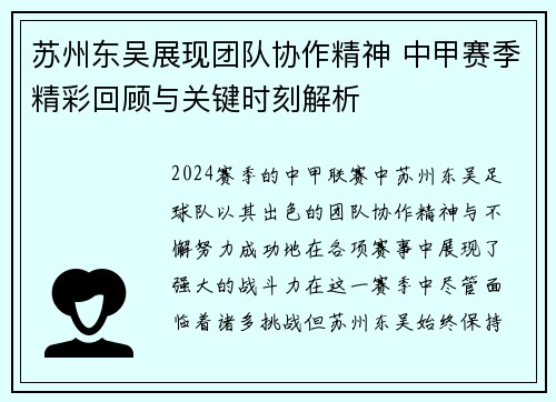 苏州东吴展现团队协作精神 中甲赛季精彩回顾与关键时刻解析 苏州东吴展现团队协作精神 中甲赛季精彩回顾与关键时刻解析
