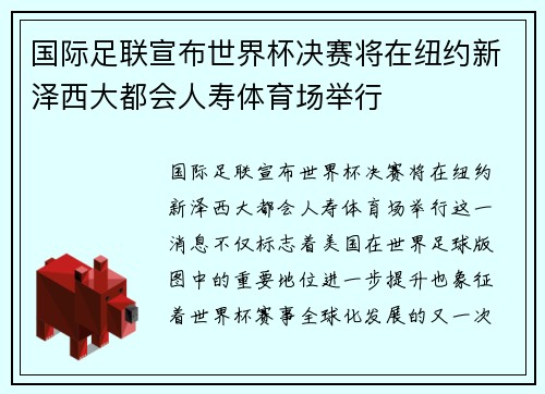 国际足联宣布世界杯决赛将在纽约新泽西大都会人寿体育场举行 国际足联宣布世界杯决赛将在纽约新泽西大都会人寿体育场举行